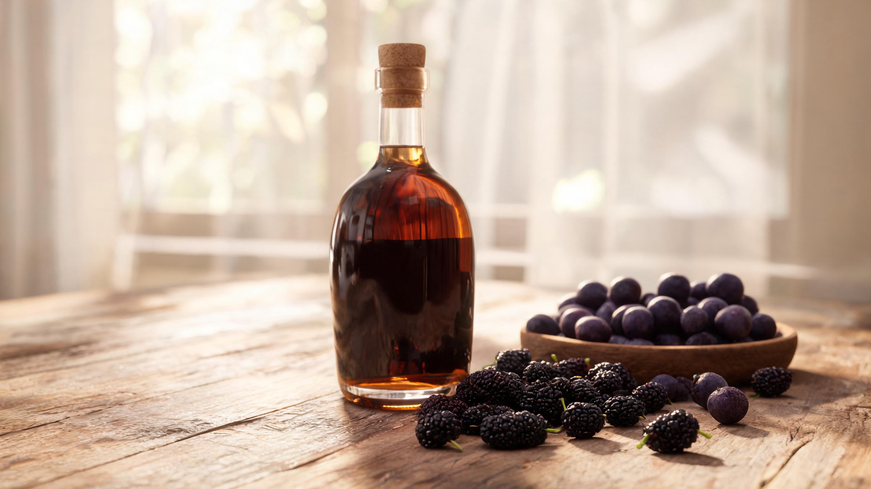茗古世家桑葚酒搭配新鲜黑桑葚水果展示